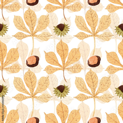 Watercolor seamless autumn pattern with tender chestnut leaves with nuts. High quality illustration. White background