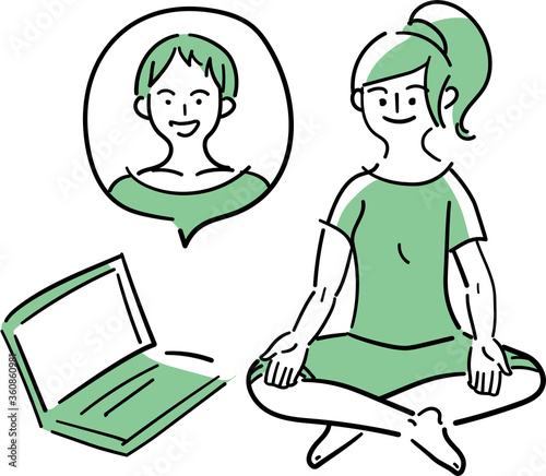 オンラインでヨガトレーニングを受ける女性のイラスト。