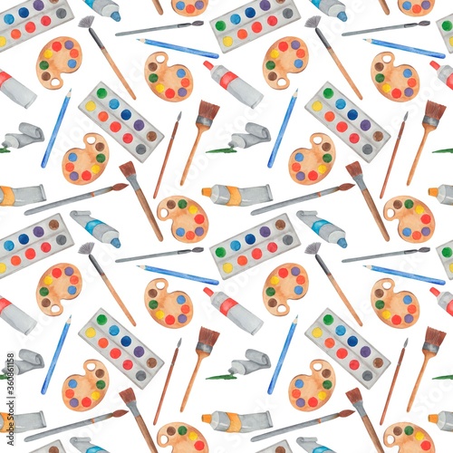 watercolor illustration, seamless pattern, paints and brushes, materials for the artist, ornament for wallpaper and fabric, wrapping paper
