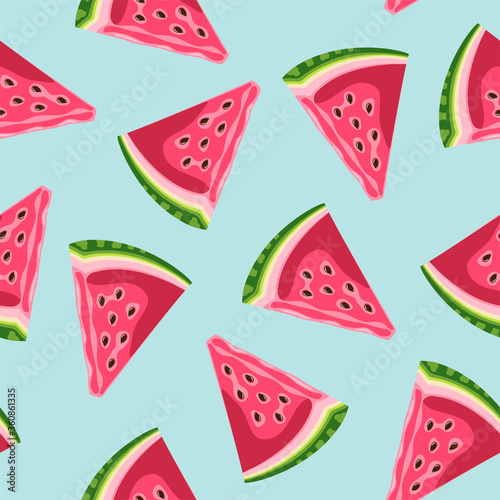 Fototapeta Naklejka Na Ścianę i Meble -  Summer colorful seamless pattern set with bright, juicy watermelon. Vector illustration.