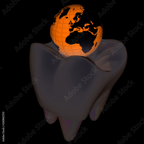 Tooth and Earth. 3d illustration. On a black background.