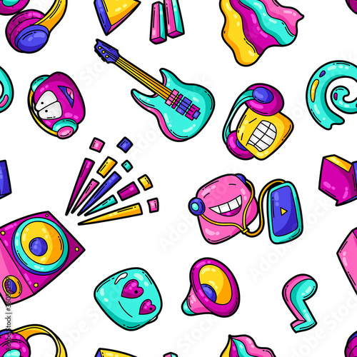 Seamless pattern with cartoon musical items.