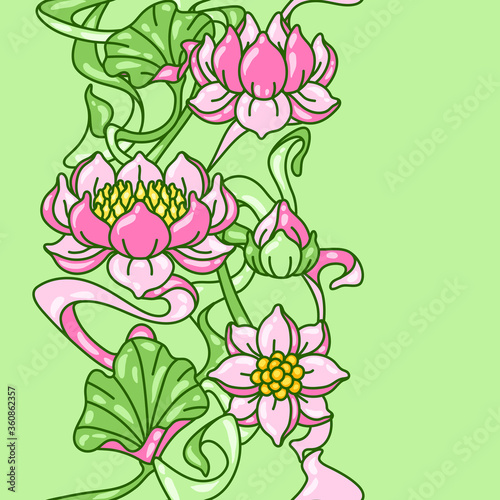 Seamless pattern with lotus flowers. Art Nouveau vintage style.