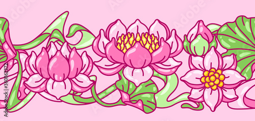 Seamless pattern with lotus flowers. Art Nouveau vintage style.
