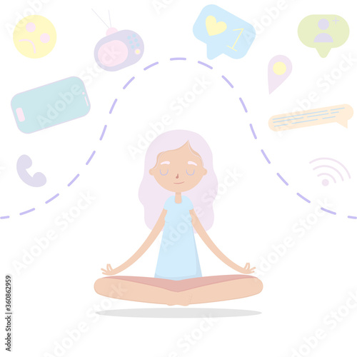Digital detox concept. Information detox and meditation. Young woman meditating in lotus pose. Vector illustration in flat style.