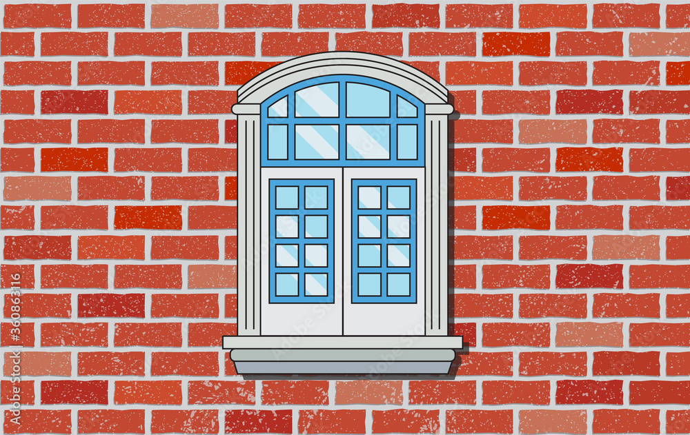 Obraz premium Window in red brick wall. Arched classic shape with columns. Glass with light reflections. Vector illustration of interior and exterior element.