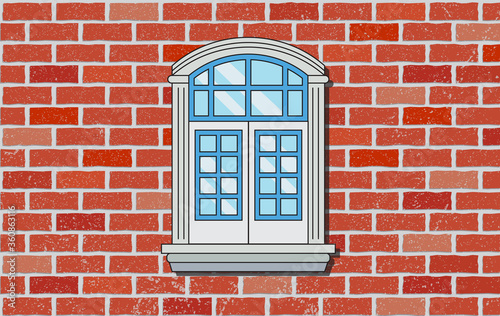 Window in red brick wall. Arched classic shape with columns. Glass with light reflections. Vector illustration of interior and exterior element.