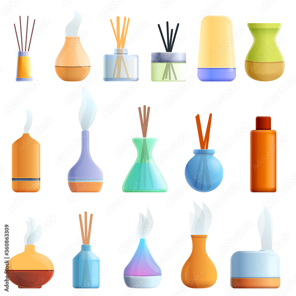 Diffuser icons set. Cartoon set of diffuser vector icons for web design