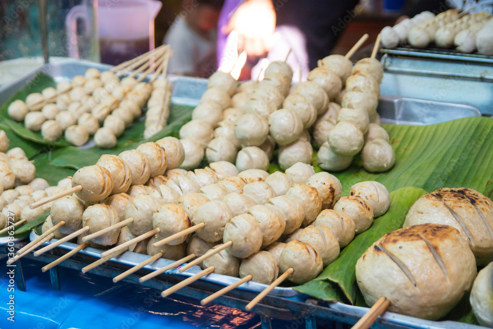 Roasted pork meat  balls  on Street Market in Thailand