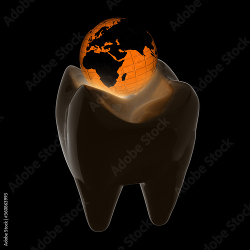 Tooth and Earth. 3d illustration. On a black background.