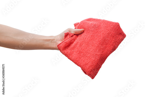 Male hand holding red cloth isolated on white background with clipping path.