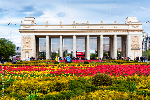 MOSCOW, RUSSIA - MAY 4, 2019: Beautiful tulips flower in Gorky municipal park, Moscow, Russia photo