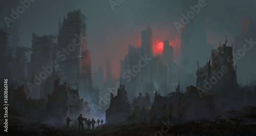 A team of soldiers walk in the city after the nuclear war, digital painting.