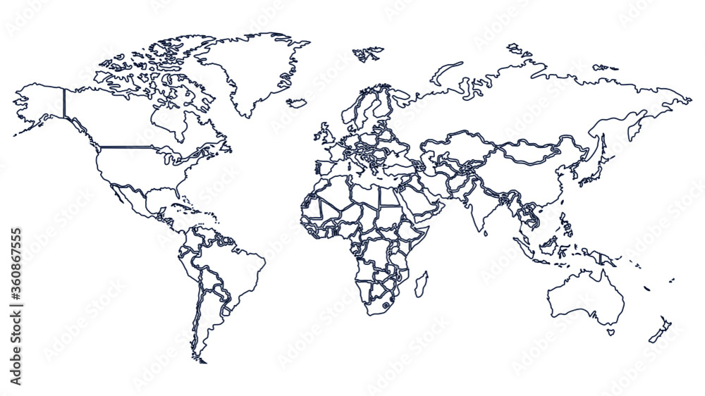 World map with country borders. thin blue outline on white background. Vector Illustration