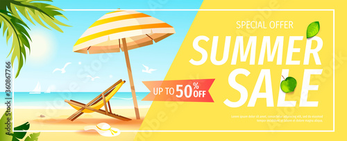 Summer sale flyer with chaise lounge, sunshade and palm leaves on the beach. Vector illustration for special offer, promo, advertising, banner, discount, flyer.