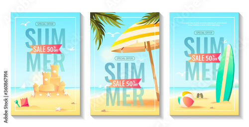 Canvas Print Set of summer sale flyers with sand castle, sunshade and palm leaves, surfboard and ball on the beach
