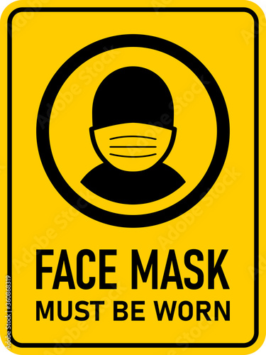 Face Mask Must Be Worn or No Face Mask No Entry Policy Rectangular Vertical Instruction Sign with an Aspect Ratio of 3:4 and Rounded Corners. Vector Image.