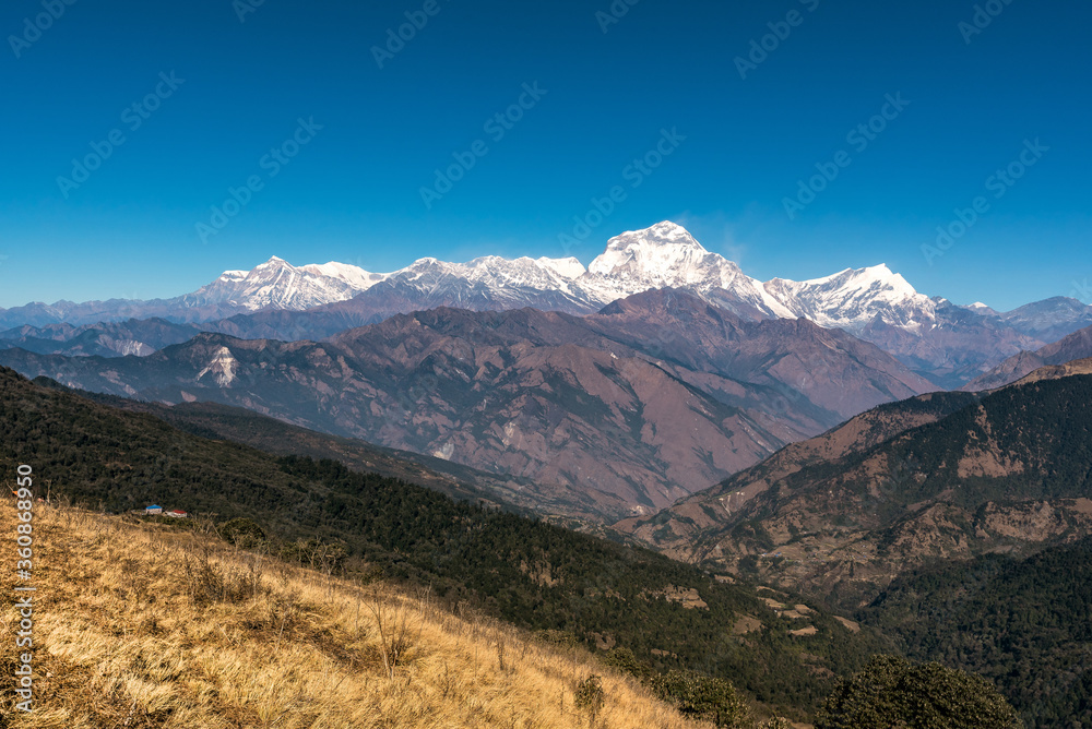 Nature view of Himalayan mountain range along pooh hill trekking route at Nepal.