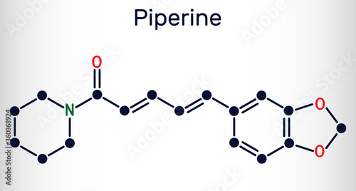 Piperine, C17H19NO3 molecule. It is alkaloid isolated from the plant Piper nigrum. It has role as plant metabolite, food component, human blood serum metabolite. Skeletal chemical formula