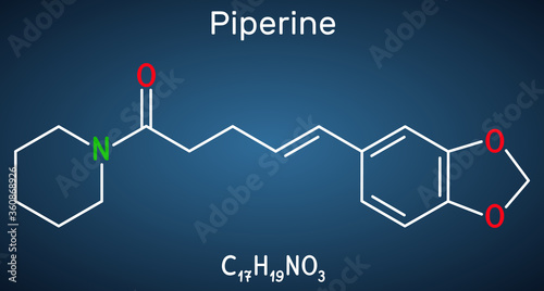 Piperine, C17H19NO3 molecule. It is alkaloid isolated from the plant Piper nigrum. It has role as plant metabolite, food component, human blood serum metabolite. Dark blue background