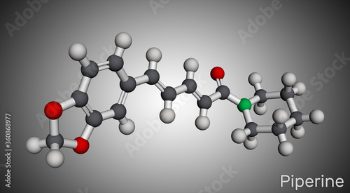 Piperine, C17H19NO3 molecule. It is alkaloid isolated from the plant Piper nigrum. It has role as plant metabolite, food component, human blood serum metabolite. Molecular model photo