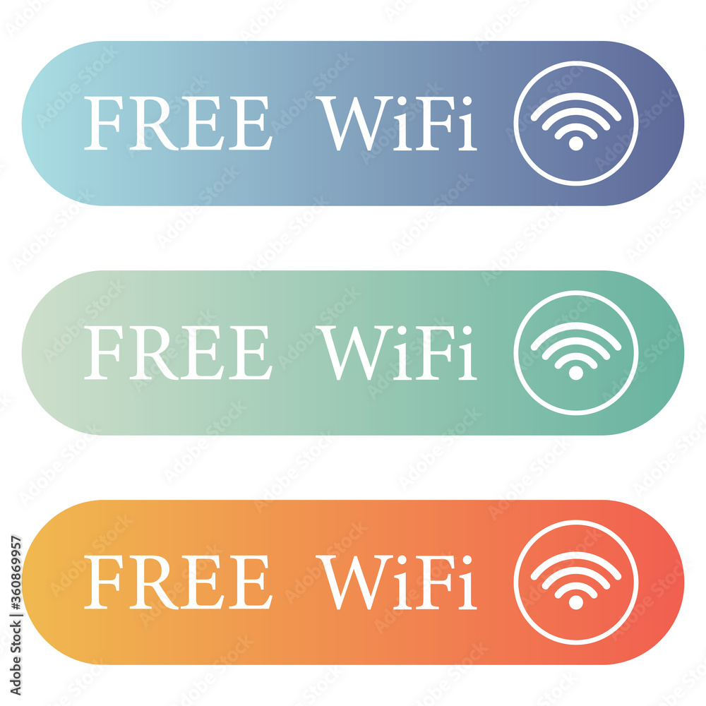 Free Wifi Concept. Rectangular gradient colorful wireless and wifi icons set. Free wifi button for remote internet access. Vector Illustration isolated on white background eps10 Free Wifi Concept. Rectangular gradient colorful wireless and wifi icons set. Free wifi button for remote internet access. Vector Illustration isolated on white background eps10