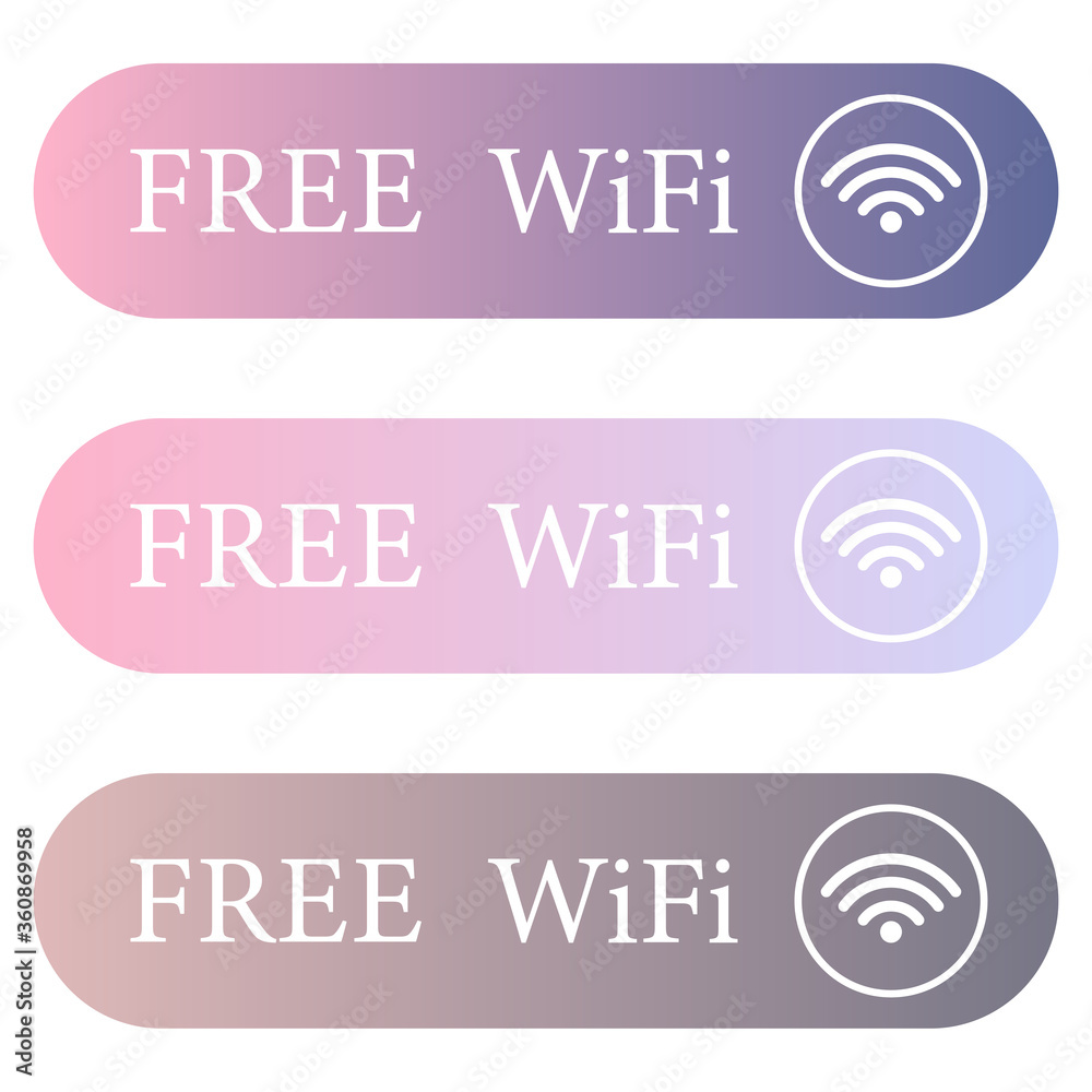 Free Wifi Concept. Rectangular gradient colorful wireless and wifi icons set. Free wifi button for remote internet access. Vector Illustration isolated on white background eps10 Free Wifi Concept. Rectangular gradient colorful wireless and wifi icons set. Free wifi button for remote internet access. Vector Illustration isolated on white background eps10