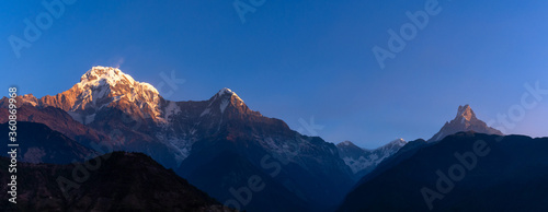 Panorama nature view of Himalayan mountain range with clear blue sky at Nepal