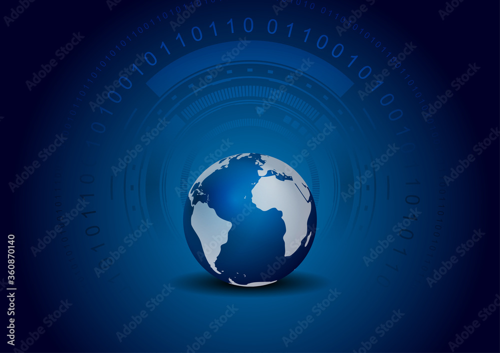 Hi-tech and science dark blue vector design with globe, HUD gear and circular binary code Hi-tech and science dark blue vector design with globe, HUD gear and circular binary code