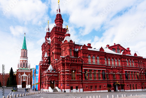 MOSCOW, RUSSIA - MAY 2019 : State Historical Museum and Nikolskaya Tower on Red Square, View from middle of red square.
