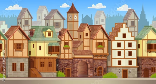 Fototapeta Naklejka Na Ścianę i Meble -  Seamless pattern of medieval town. Old city street with chalet style houses. Vector illustration in cartoon style.