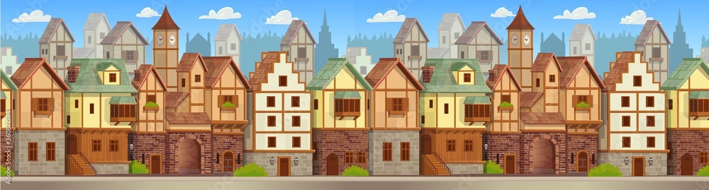 Seamless pattern of medieval town. Old city street with chalet style houses. Vector illustration in cartoon style.