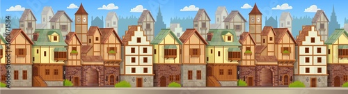 Fototapeta Naklejka Na Ścianę i Meble -  Seamless pattern of medieval town. Old city street with chalet style houses. Vector illustration in cartoon style.