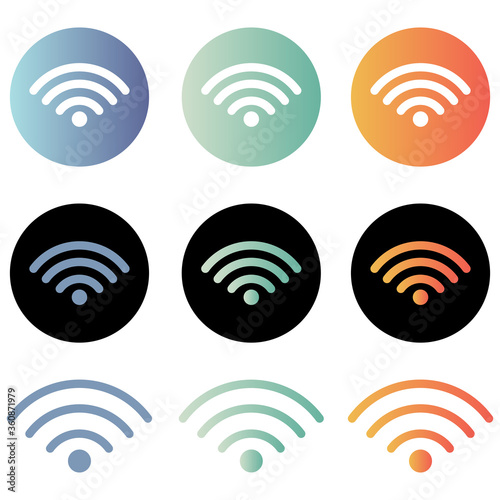 Round gradient colorful wireless and wifi icons set. Free wifi. Round button with wifi icon for remote internet access. Vector illustration isolated on white background eps10