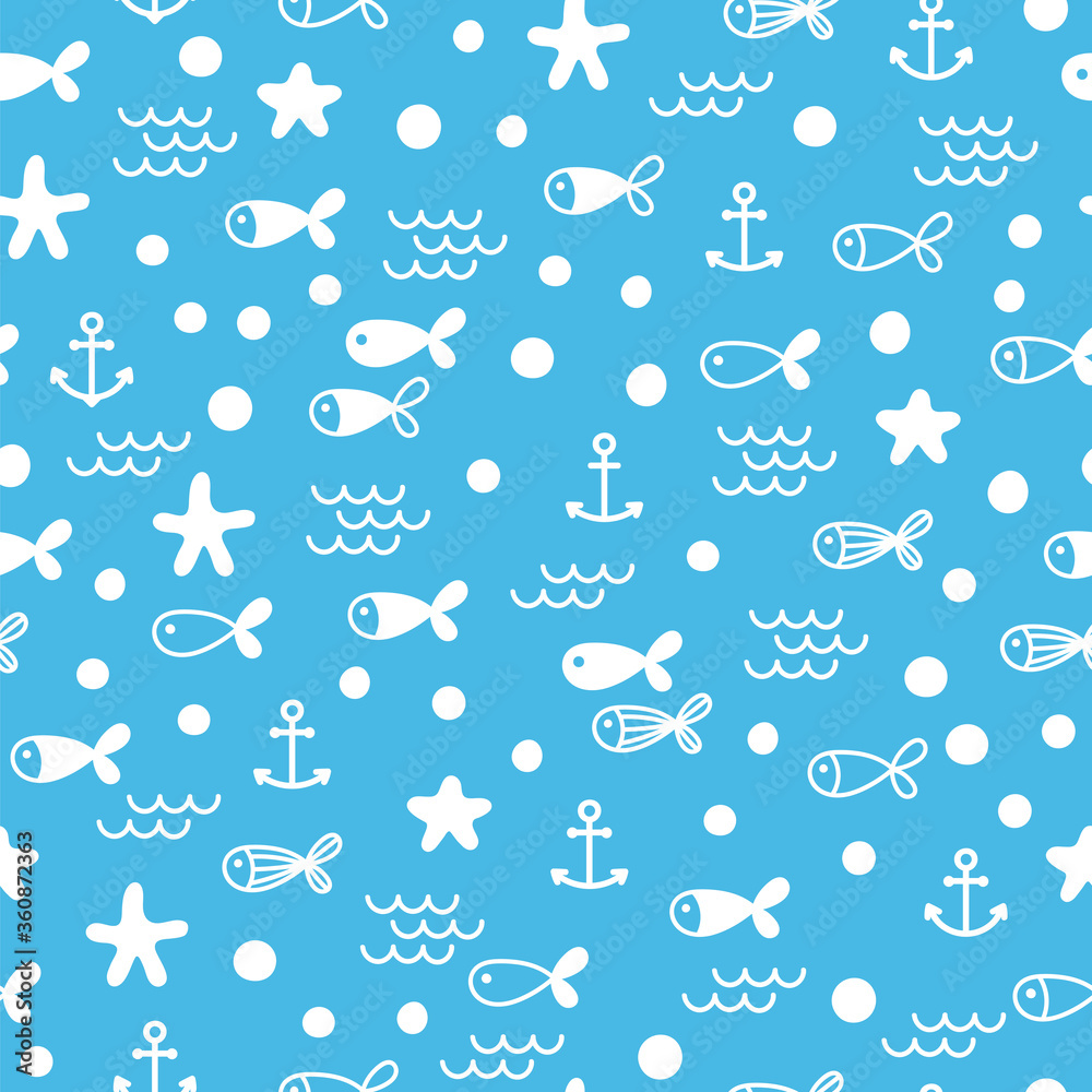 Summer seamless pattern with pearls, fishes and anchors. Cute marine background. Perfect for wrapping paper, textile and web design Summer seamless pattern with pearls, fishes and anchors. Cute marine background. Perfect for wrapping paper, textile and web design