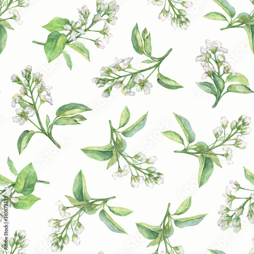 Seamless floral pattern in delicate pastel colors. Watercolor blooming twigs on a white background.