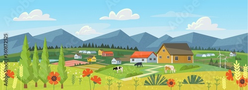 Farm panorama with fields, flowers, grass and cows. Summer green landscape with hills, meadows, blue sky with white clouds.Vector banner for eco products.