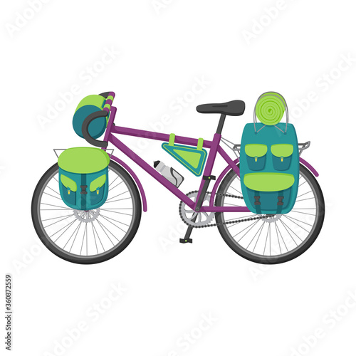 The bike is equipped for Hiking, traveling and Cycling tours. Flat vector illustration of a bike with backpacks on trunk and steering wheel. Concept of traveling with a Bicycle. Outdoor adventures.