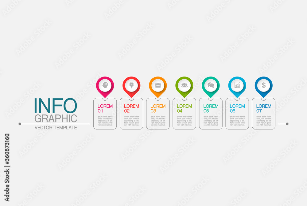Vector infographic template with 7 steps or options. Data presentation, business concept design for web, brochure, diagram.