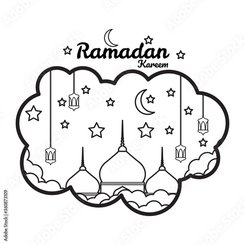 The mosque's coloring pages, the crescent moon, the twinkling stars. The traditional Ramadan celebration. Free hand-drawn sketches for children's coloring books.
