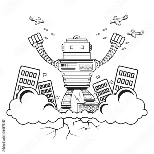 Illustration vector graphic coloring book of giant robot strike a city.