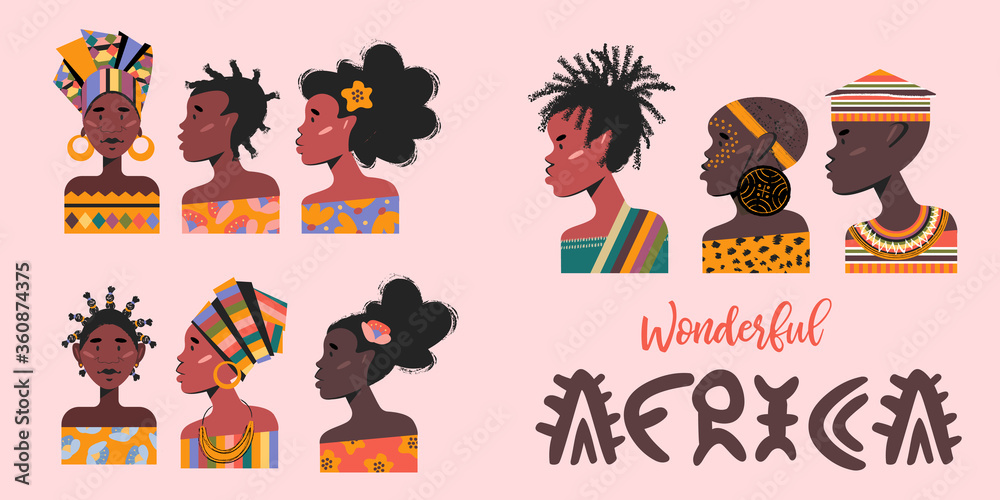 Fototapeta premium Women and man are Africans. Set of portraits of Africans. Vector illustration..
