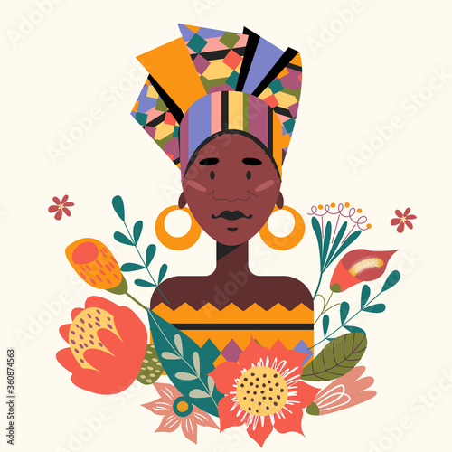 Female portrait with flowers. Vector illustration.