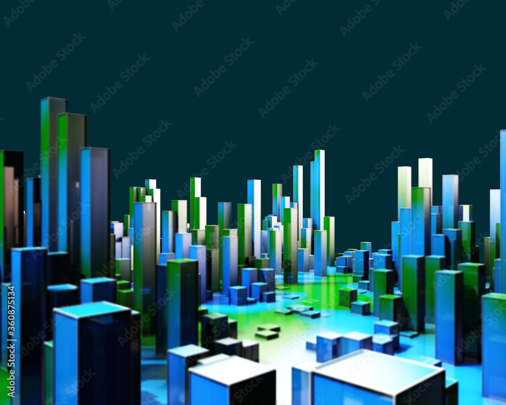 3D rendering of abstract  infographic with blue green columns. Big Data.  Business and finance analytics representation.  Futuristic geometric analyze data concept.