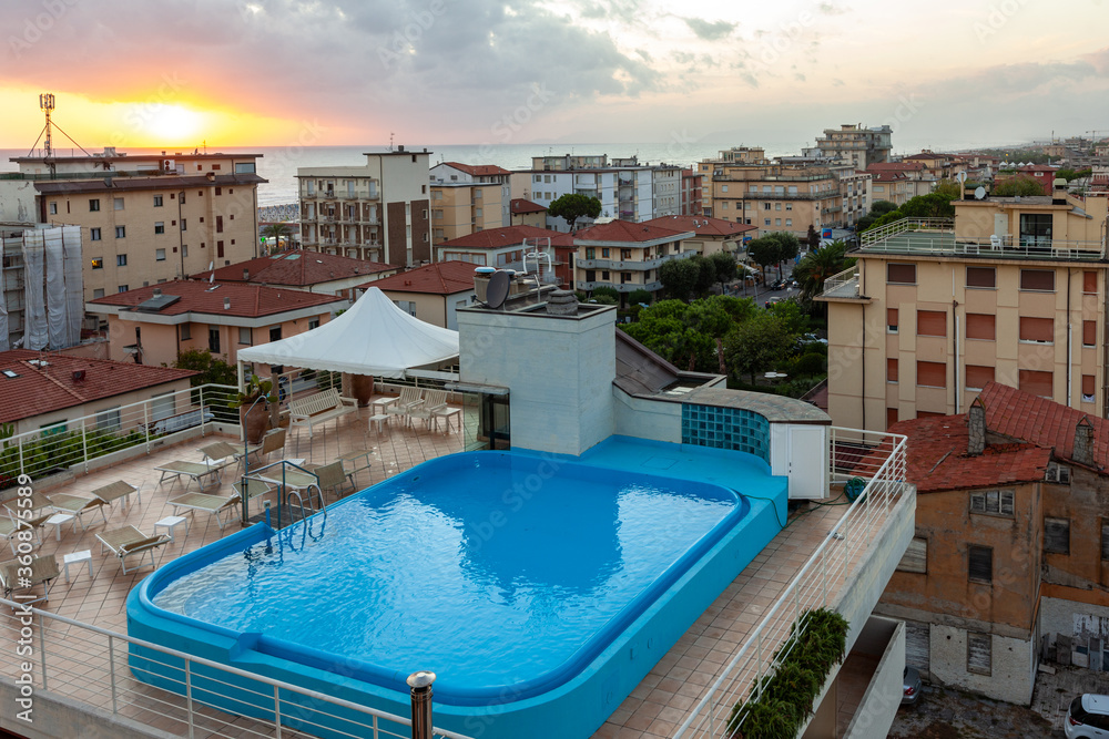 Hotel rooftop swimming pool in Lido di Camaiore. Italy