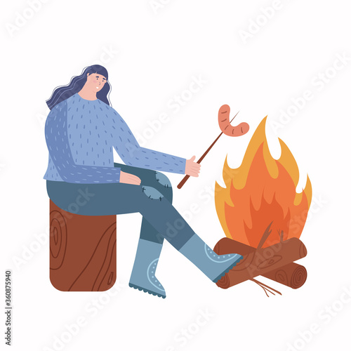 A woman is resting in the fresh air. Woman fries sausages at the stake. Vector illustration.