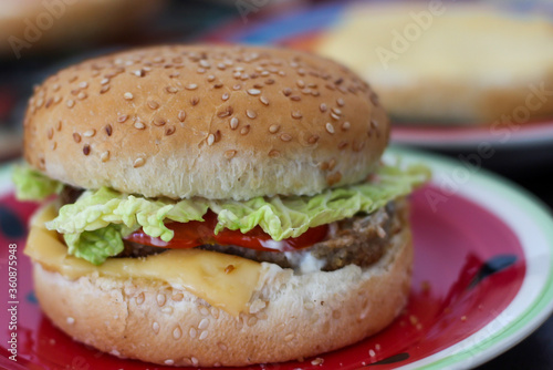 Fresh juicy burger. Sesame bun, cutlet, cheese, lettuce, sauce. 