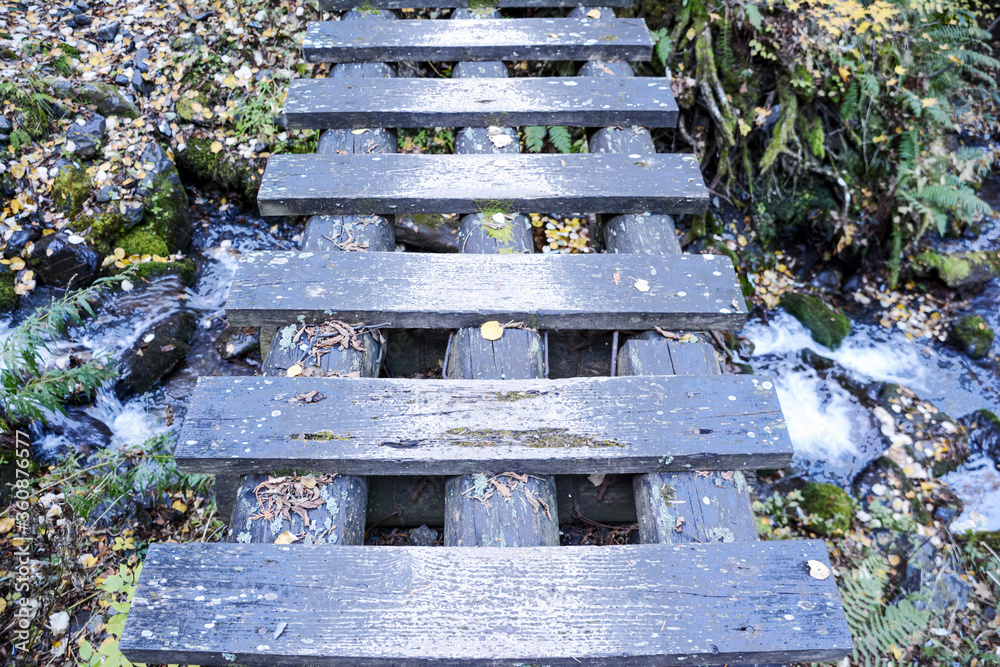 北アルプスの森の中、激流の川にかかる、木造の橋。A bridge over the torrenting river in the Northern Alps 旅行、旅先、シルバーウィーク、紅葉、黄葉。