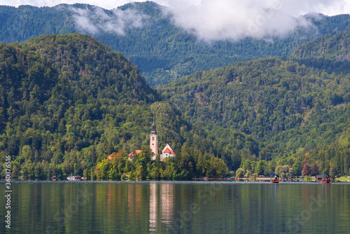 Bled island landscape with Pilgrimage Church of the Assumption of Maria on Bled lake