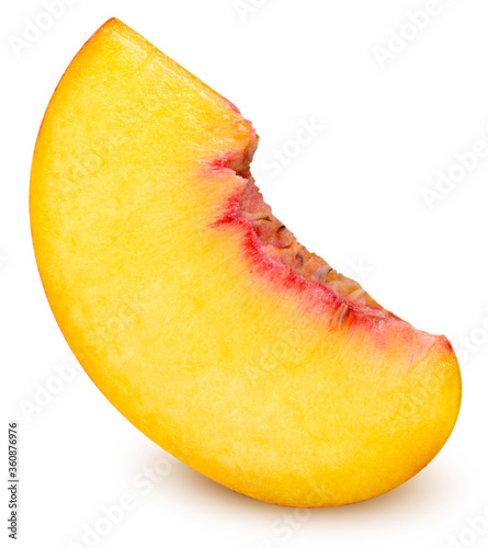 Isolated peach. Ripe slice of peach fruit stand isolated on white background with clipping path